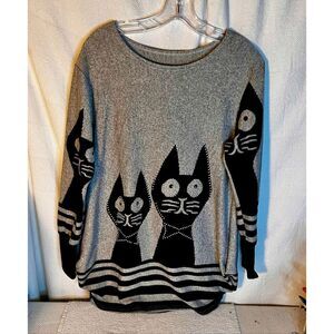 Sweater Gray & Black Rhinestone Embellished Cat Design Angora Cotton Blend Sz L